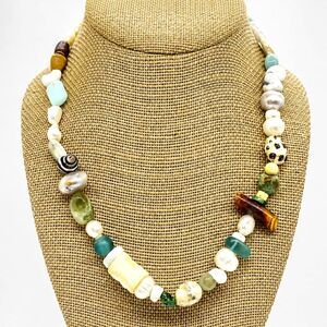 ARTISAN BEADED NECKLACE Pearl Shell Wood Glass Boho Coastal Statement 18"